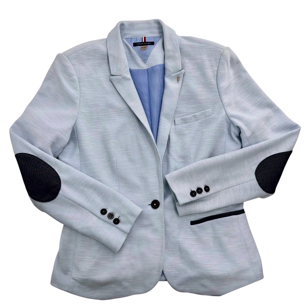 Tommy Hilfiger Blazer Light Blue One Button Navy Trim & Elbow Patches Women's 10